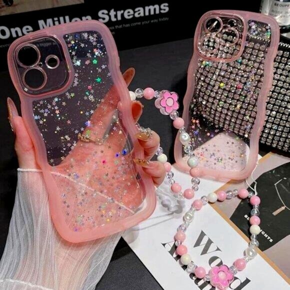 Iphone 16 16 Pro 16 Pro Max Cute Trendy Kawaii Glitter Case with Wrist Strap - Picture 1 of 5
